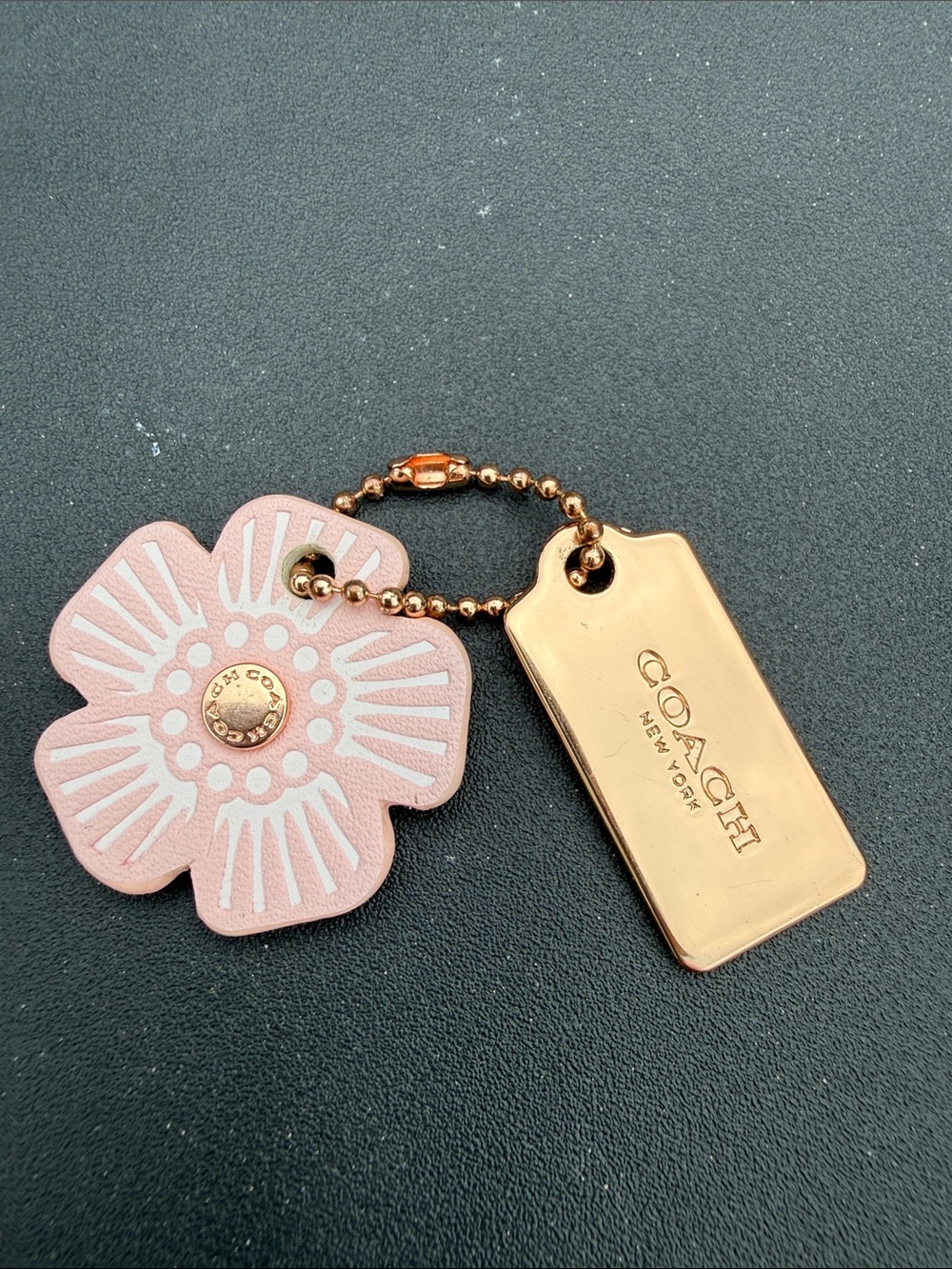 Coach Pink Flower Leather Key Charm with Gold Tag Accent